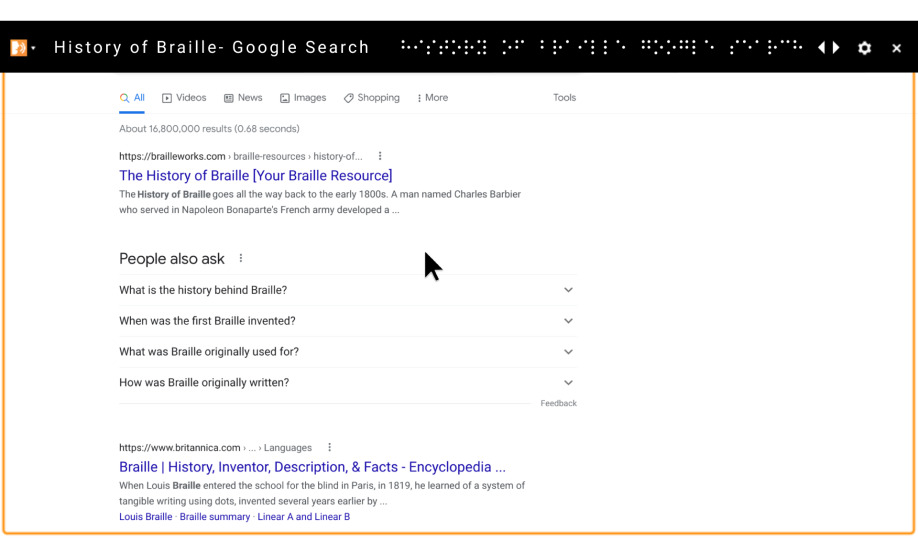 En skärmläsare översätter Googles sökresultat för punktskriftens historia.