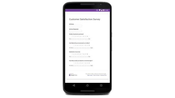 Google Formsin käyttöliittymä mobiililaitteella, jossa näkyy asiakastyytyväisyyskysely. 