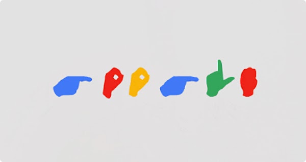Image of colorful silhouette hands creating the word “Google” in American Sign Language over a light gray background.