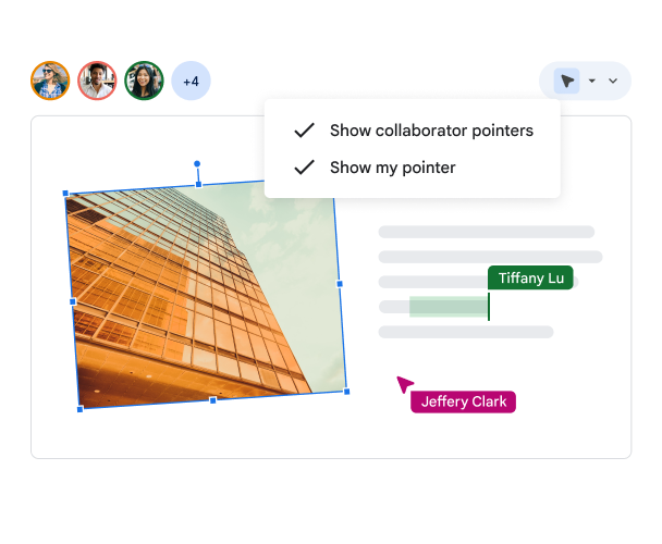 Pengguna dapat menunjukkan pointer miliknya sendiri dan milik kolaborator di slide, sehingga semua orang dapat melihat siapa yang sedang bernavigasi.