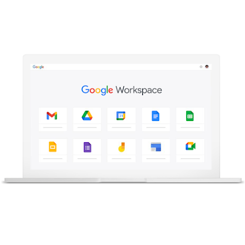 Laptop na nagtatampok ng iba't ibang produkto ng Google na bahagi ng Google Workspace