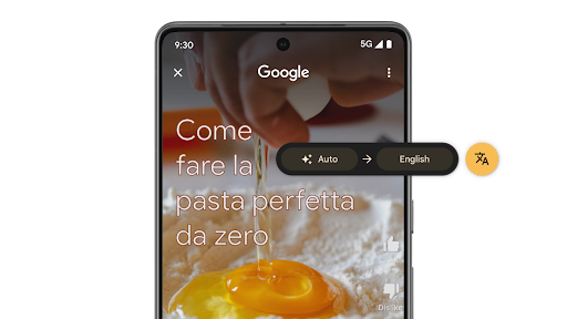 Holding down the navigation bar on an Android phone to invoke Circle to Search then tapping the translate button to reveal an instant translation of the on-screen text.