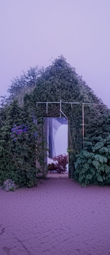 Uma casa feita de plantas gerada pela IA. Uma porta aberta revela um ramo de flores índigo. O fundo é um céu índigo e um solo índigo com fendas, com a mensagem "Uma casa feita de plantas em índigo"