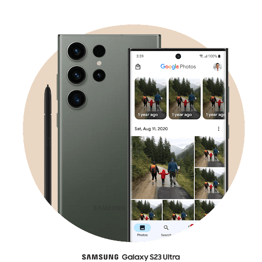 An Android phone screen with Google Photos open shows a grid of recently transferred photos.