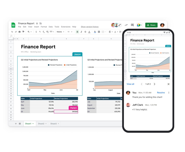 "Finance Report" (Talousraportti) ‑niminen Google Sheets ‑taulukko kannettavan tietokoneen ja mobiililaitteen näytöllä. 