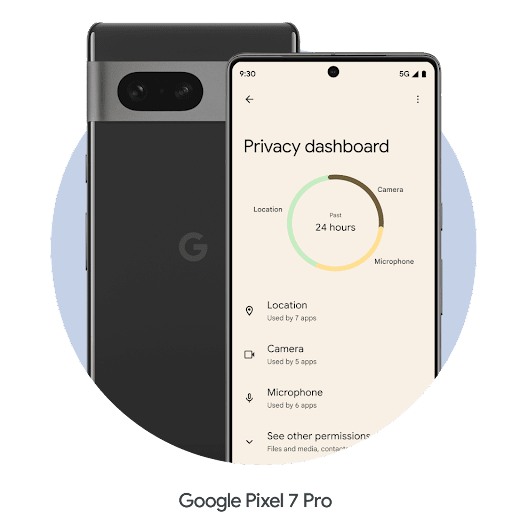 Android 手機螢幕顯示 Android 隱私資訊主頁，圓形圖表上依比例顯示不同的應用程式及其使用情況。
