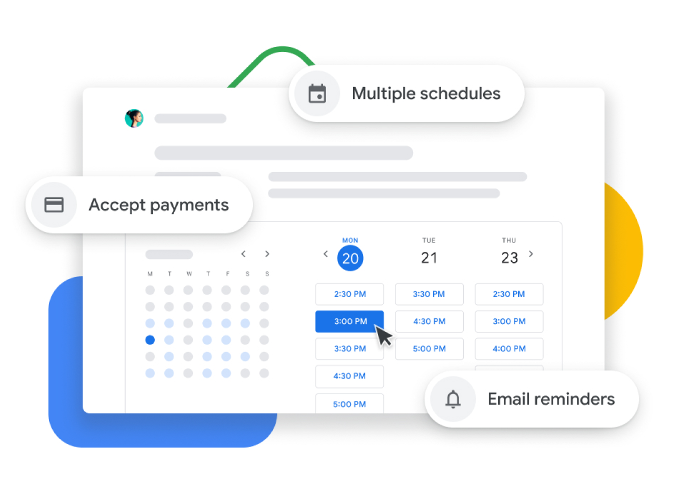 Ilustrasi grafis Google Kalender dengan penjadwalan janji temu yang memungkinkan pengguna menerima pembayaran, memverifikasi janji temu dengan klien, dan mengirimkan pengingat melalui email.