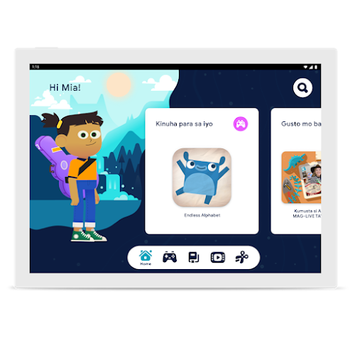 Screen na nagtatampok sa Google Kids Space na may cartoon character ng isang bata at na-curate na app na itinatampok kasama ng tumatalong hayop.