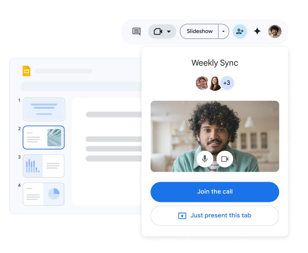 Un collaborateur rejoint un appel vidéo hebdomadaire avec son équipe à partir d'une présentation Google Slides. 
