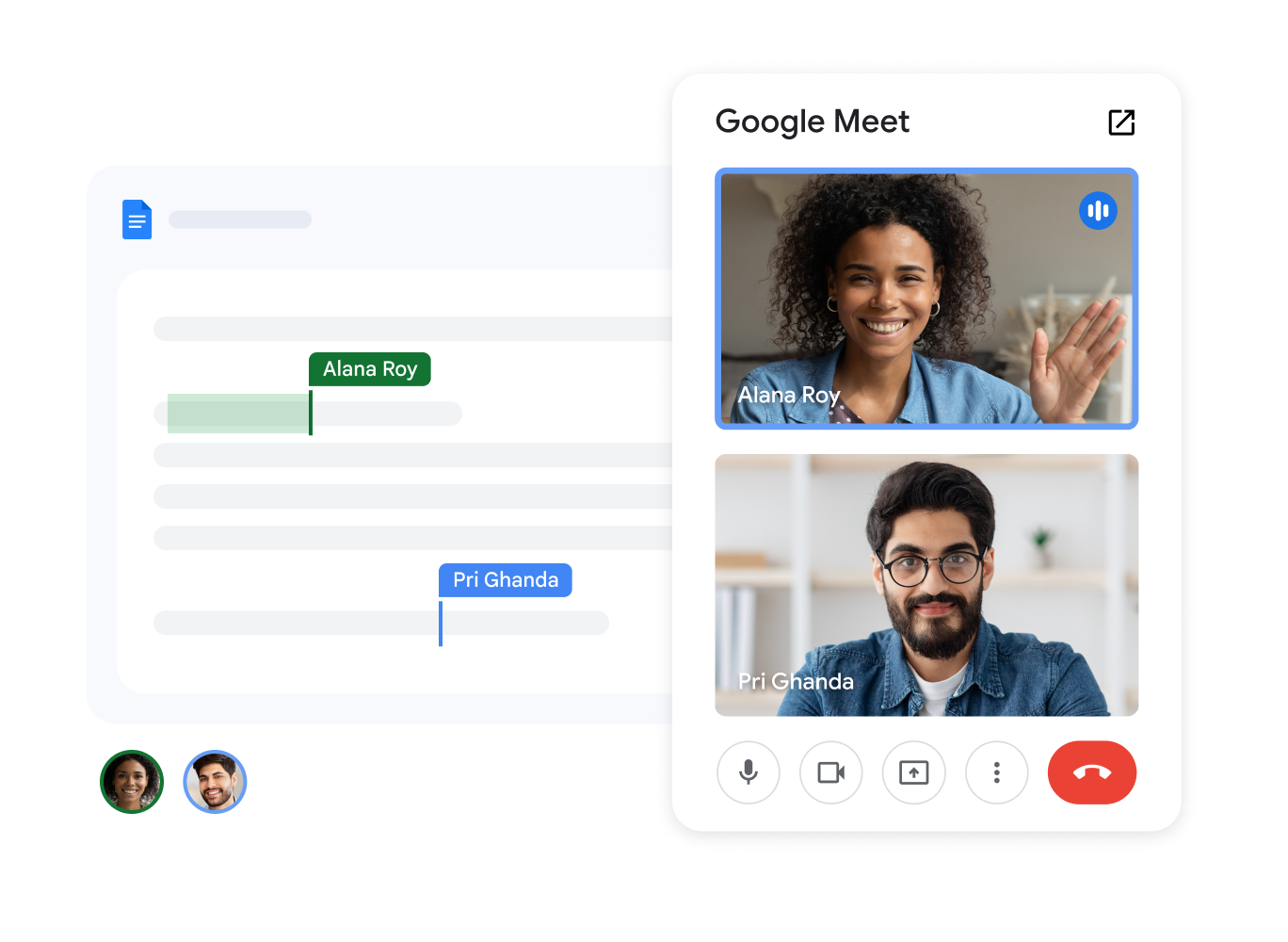 Deux membres d'une équipe participant à un appel Meet dans Docs
