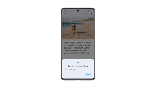 Utilisation d'Image Q&A sur Lookout sur un téléphone Android pour écouter une description d'image générée par IA et pour poser des questions de suivi.