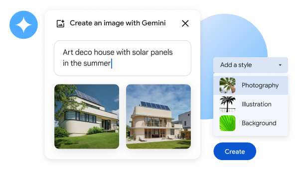 Gemini の「画像作成サポート」機能によって、屋根に太陽光パネルが設置されたアールデコの家の画像が 4 つ表示されている。