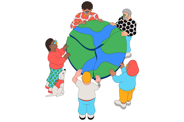 Una ilustración de cinco personas de pie alrededor de un globo terráqueo tocándolo con las manos