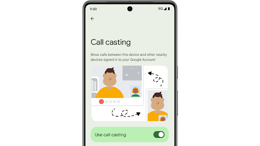Accessing cross-device services in Settings on an Android phone to activate call casting and internet sharing with nearby devices.