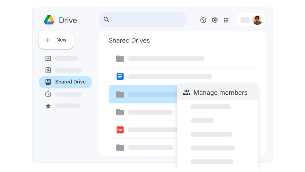 Google Driven käyttöliittymä, jossa näkyy jaettu Drive ja "Manage members" (Hallinnoi jäseniä) ‑valinta. 