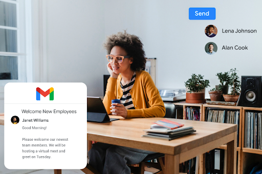 Una mujer revisa Gmail en su tablet y lee un correo electrónico titulado “Welcome New Employees” (“Démosles la bienvenida a los nuevos empleados”)