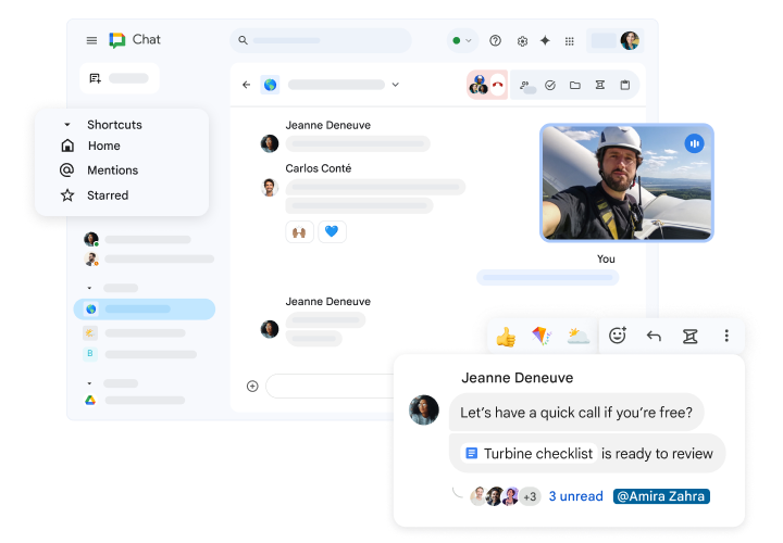 Google Chat page that highlights shortcuts, a video call in progress, and an ongoing chat conversation with a link to a Google Doc, available reactions and replies.