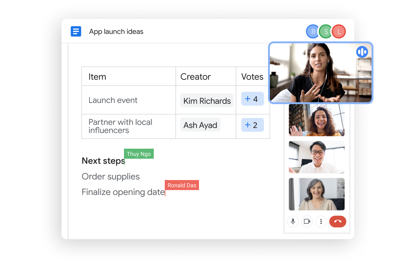 Google Workspace Dokümanlar ve Meet kullanıcı arayüzü, bir ekibin daha etkin çalışmasına yardımcı oluyor