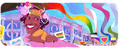 Colorful illustration of Marsha P. Johnson in a pride parade.