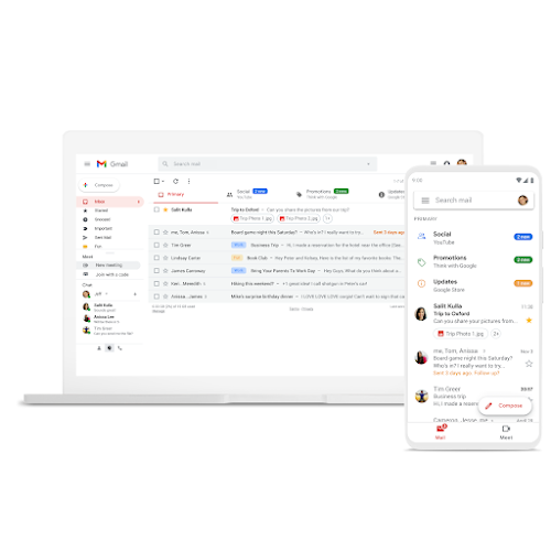 Laptop și telefon cu Gmail