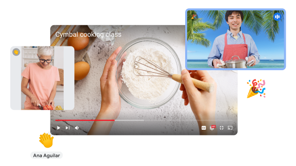 Eine Nahaufnahme eines Google Meet-Anrufs zeigt jemanden beim Kochen sowie zwei weitere Personen, die online zugeschaltet sind.