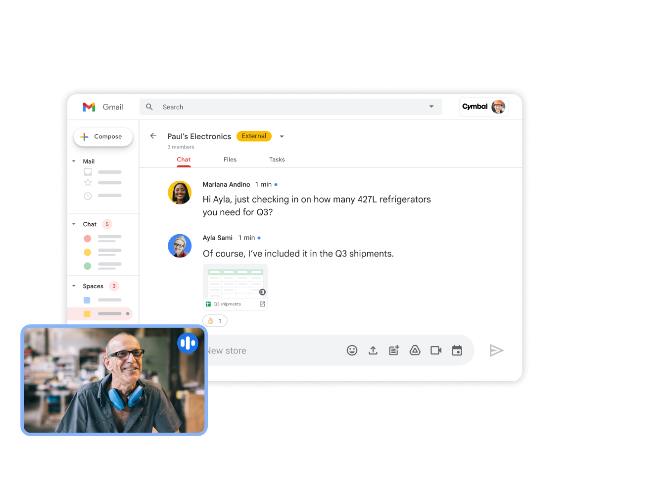 Immagine dell'interfaccia di Google Workspace: collaborazione Gmail + Meet