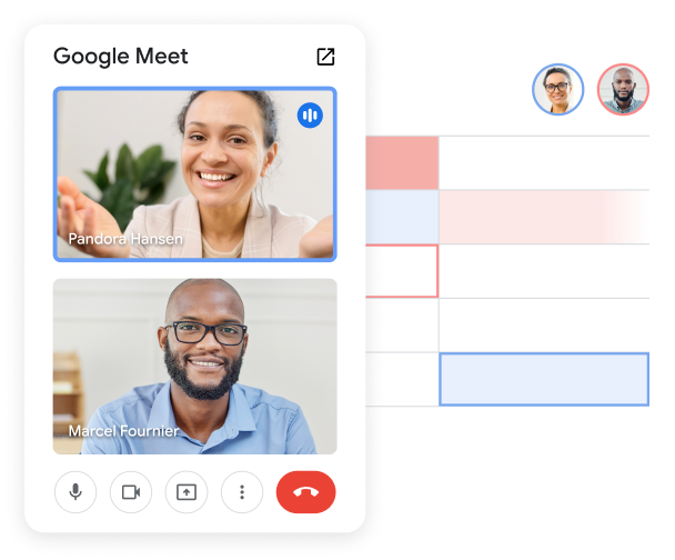两个团队成员在 Google 表格中进行 Meet 通话