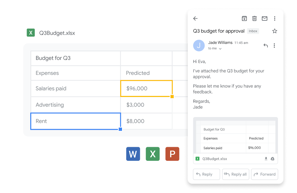 Gmail mobile view that links to Excel document that opens in Google Sheets