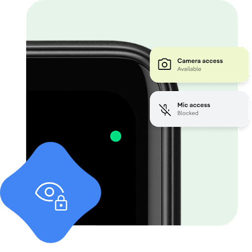 Um grande plano da parte superior direita de um telemóvel Android com um ponto verde junto ao canto do ecrã. As sobreposições gráficas indicam que o acesso à câmara está disponível e o acesso ao microfone está bloqueado. Juntamente com um ícone de um olho com um símbolo de cadeado.