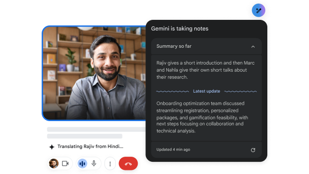 During a video call, Gemini in Meet translates from Hindi to English and takes notes.