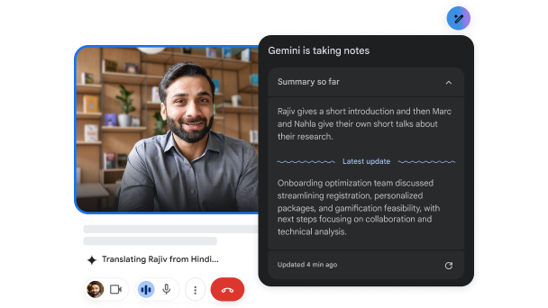 Gemini übersetzt während eines Videoanrufs das Gesagte von Hindi ins Englische und erstellt Notizen.