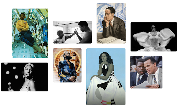 Collage of nine images: Black woman in a space shuttle, young boy and professional boxer play fighting, suited Black man thinking at a desk, dancer in movement wearing a white dress, Black female singer holding a microphone, suited businessman with images of his family around him, poised Black woman wearing a patterned dress, two Black actors in conversation.