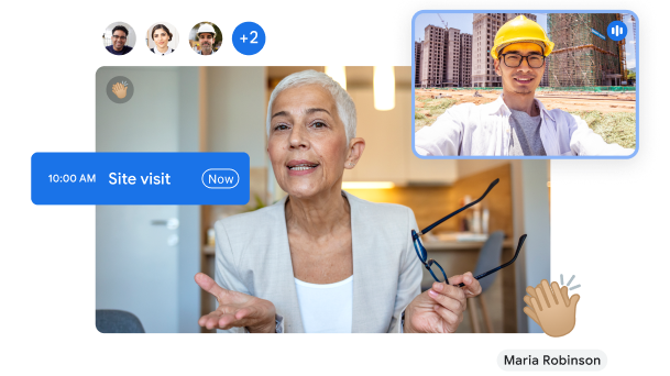 En Google Meet-videosamtale mellom en kvinne på et kontor og en arbeider på en byggeplass.