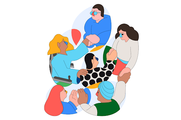 Una ilustración de seis personas, cada una en su propia burbuja, tomándose de la mano a través de las líneas divisorias
