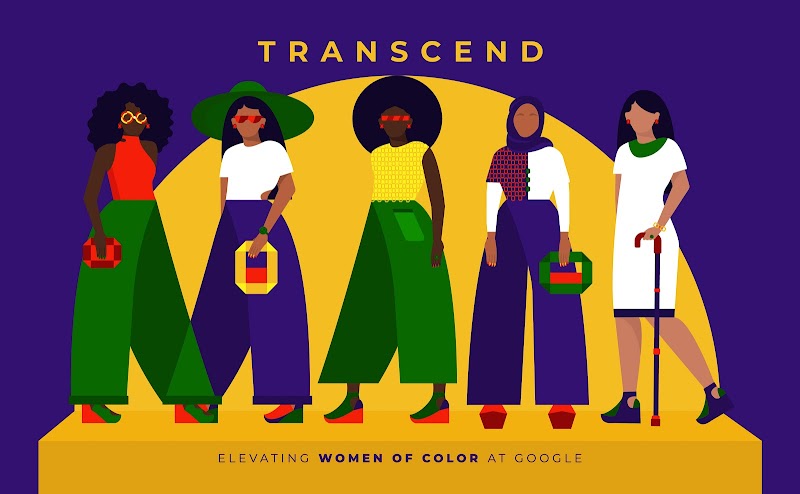 Illustration of 5 women with 'Transcend' written above them and the words 'Elevating Women of Color at Google' below.