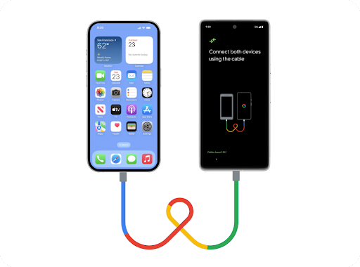 iPhone 和全新 Android 手機並排擺放，彼此以 Lightning USB 傳輸線連接。資料正輕易地從 iPhone 轉移到新 Android 手機。