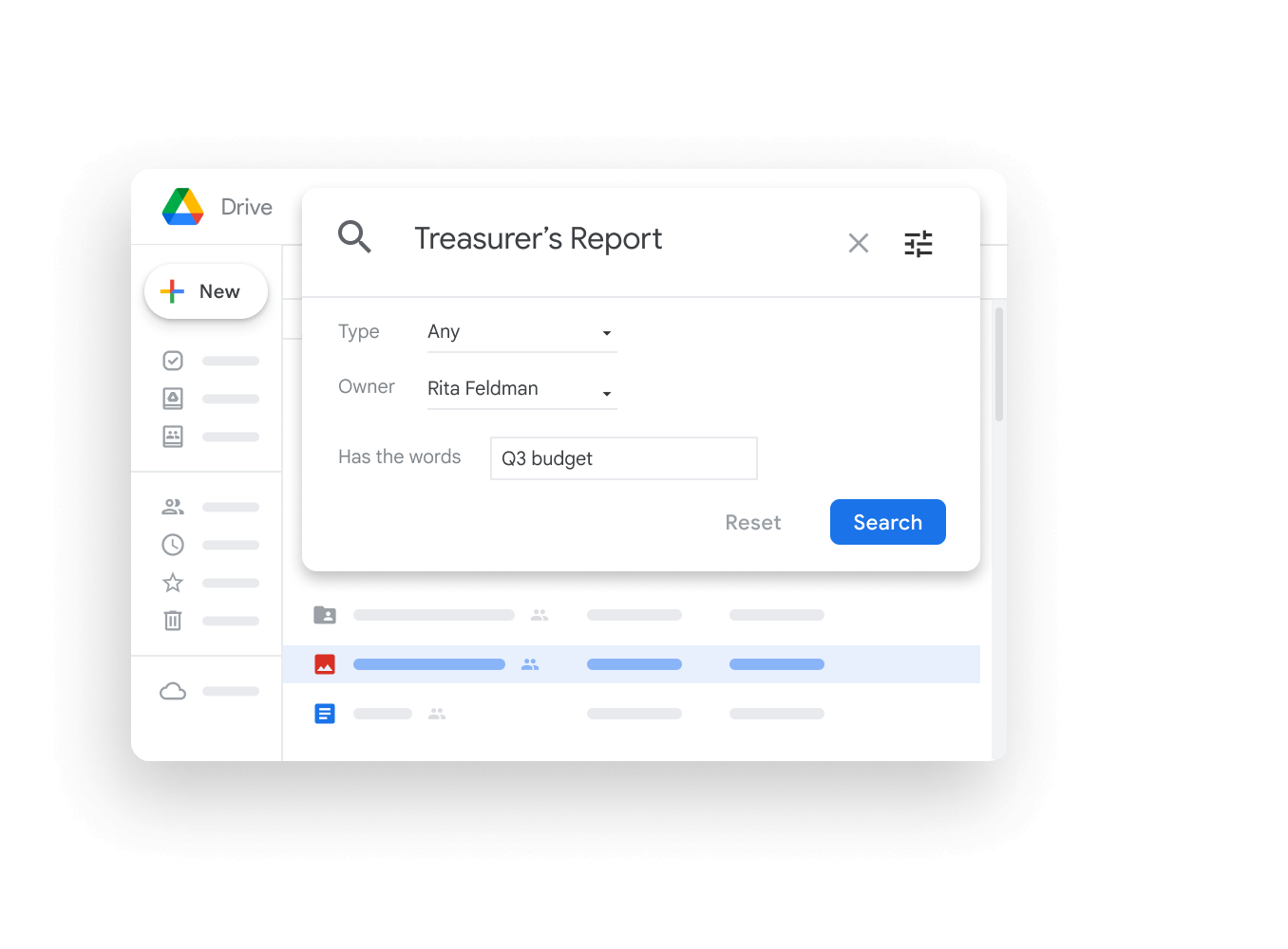 Gráfico da interface do Google Workspace: pesquisa no Drive