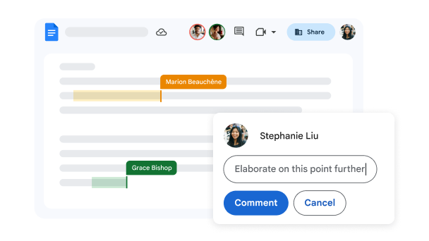 Interface utilisateur de Google Docs avec plusieurs auteurs et commentaires 
