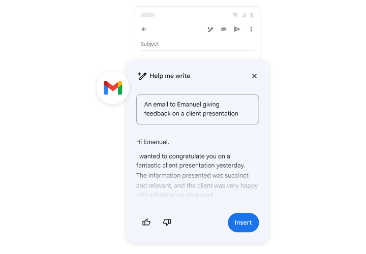 Gemini ayuda a alguien a escribir un correo electrónico para hacer comentarios sobre la presentación de un cliente.