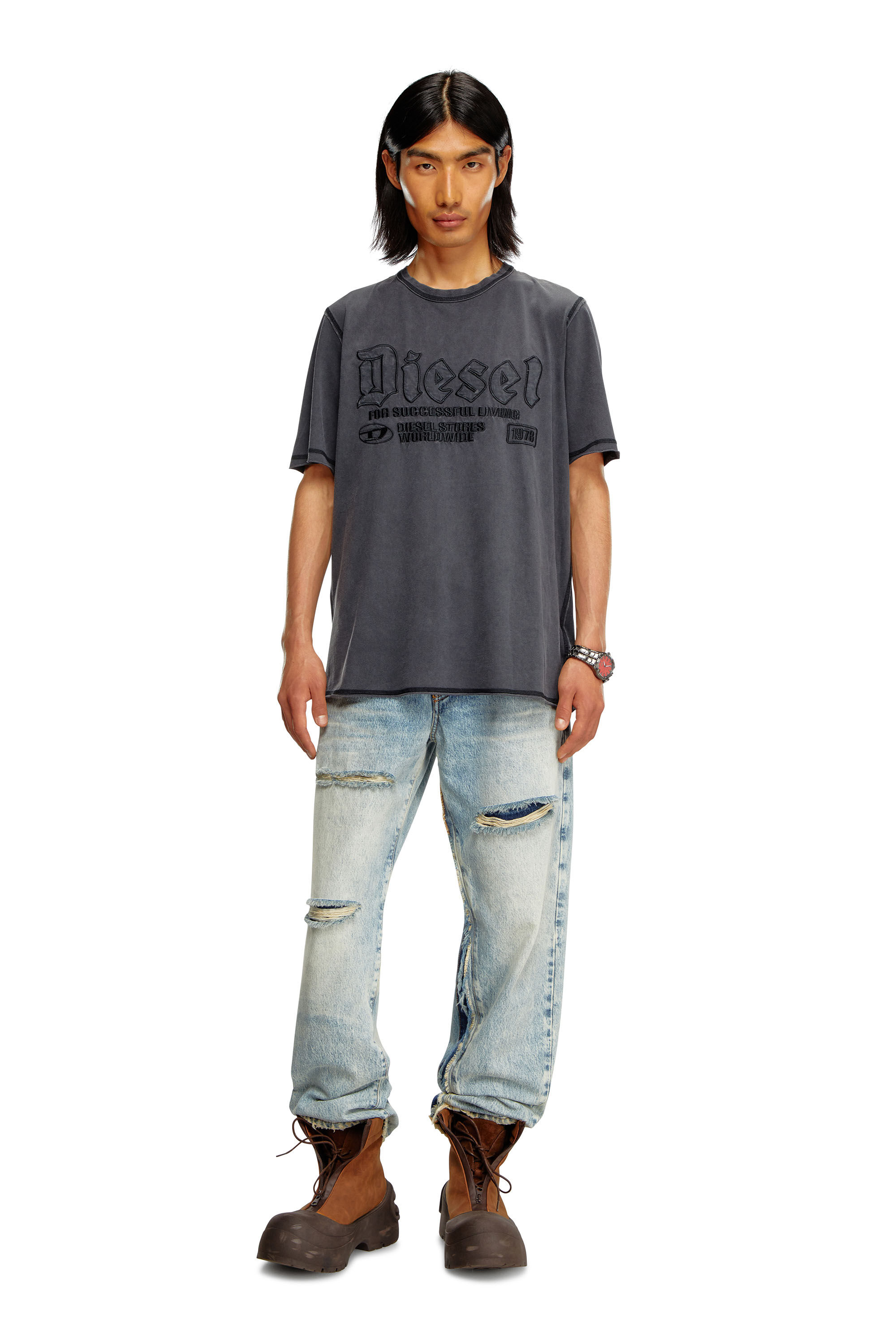 Diesel - T-RAWJUST, Man Faded T-shirt with tonal embroidery in Black - Image 1