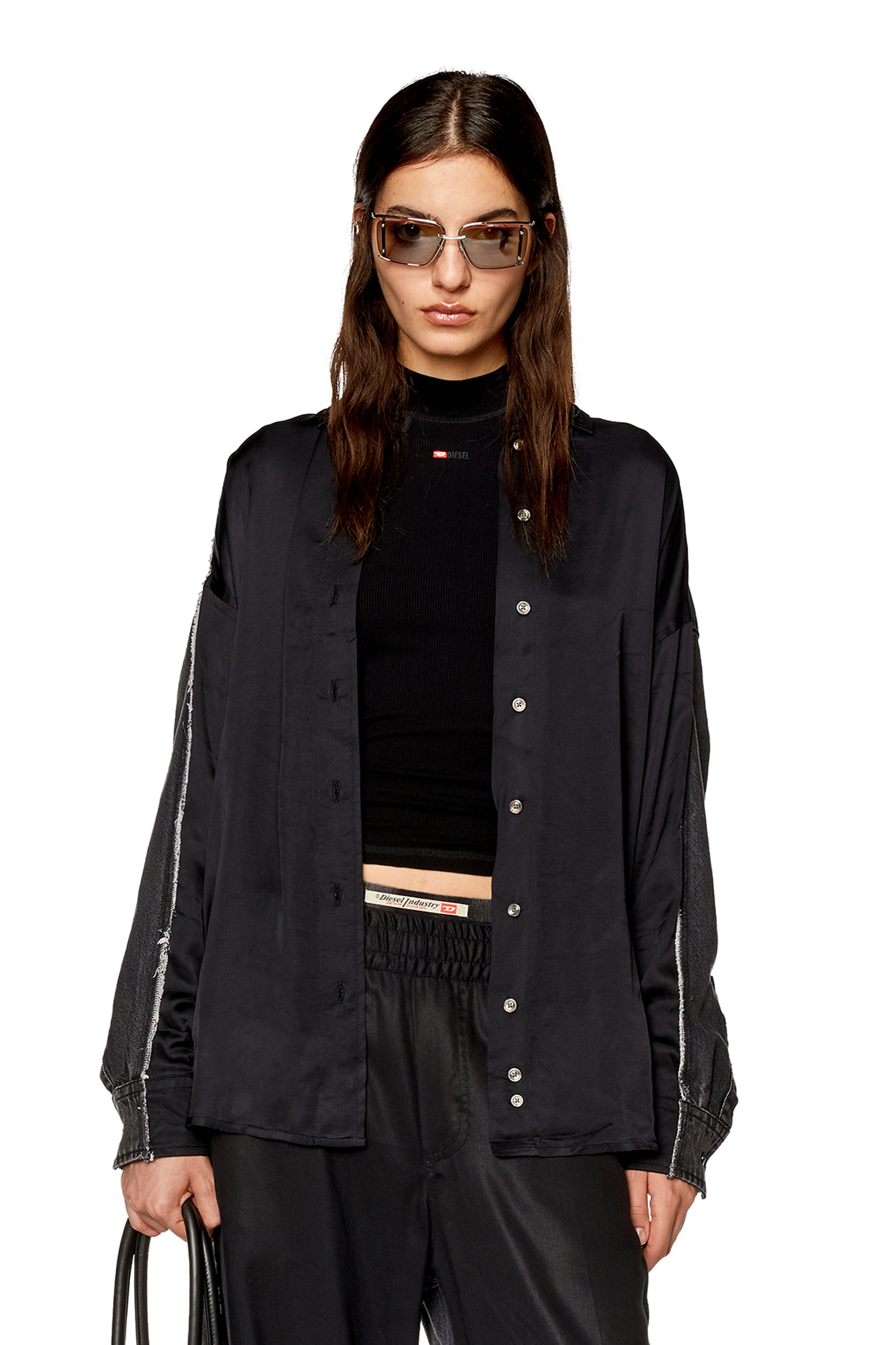 Diesel - S-DOU-DNM-FL, Woman Shirt in satin and denim in Black - Image 1