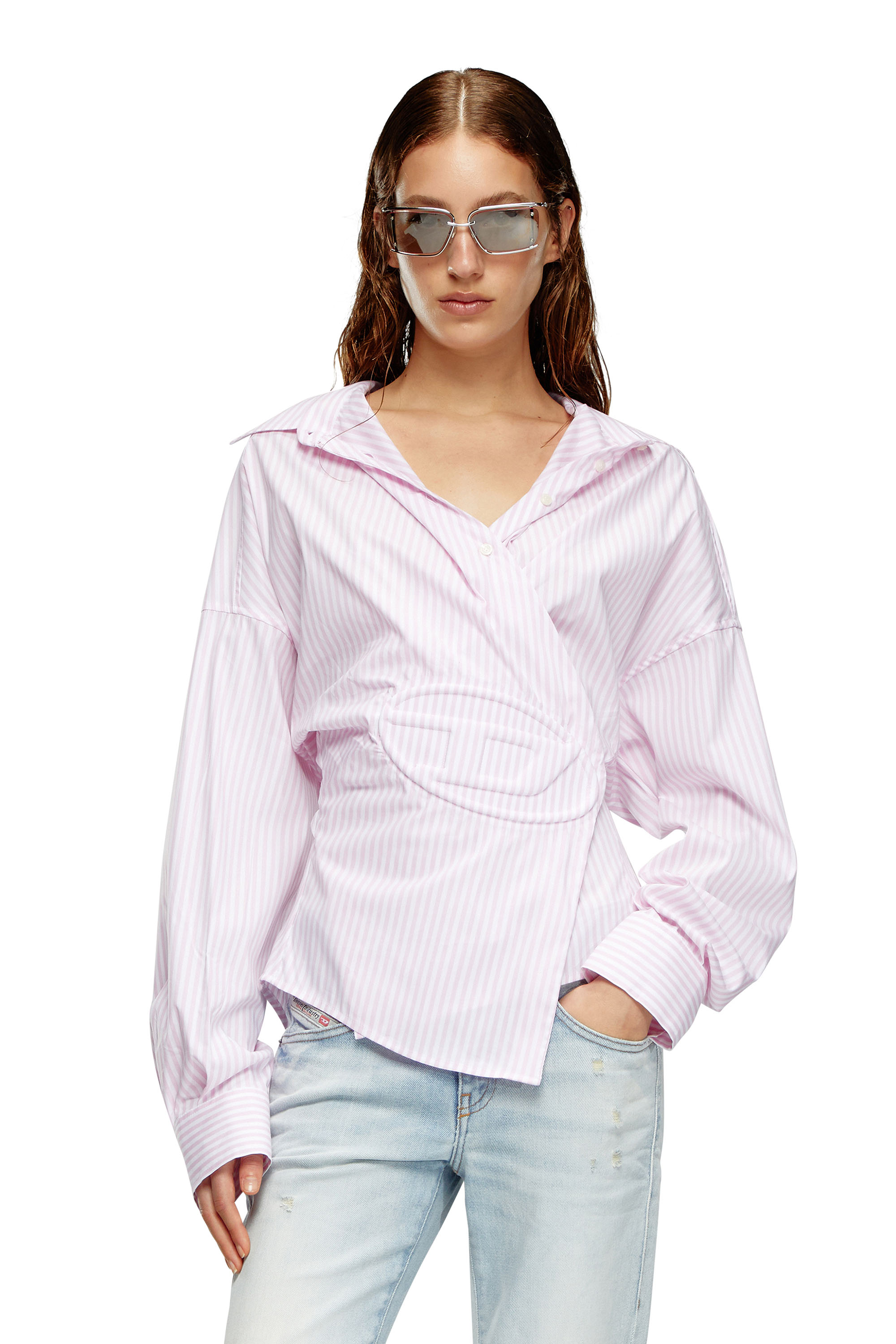 Diesel - C-SIZ-N2, Woman Striped wrap shirt with embossed logo in Pink - Image 1