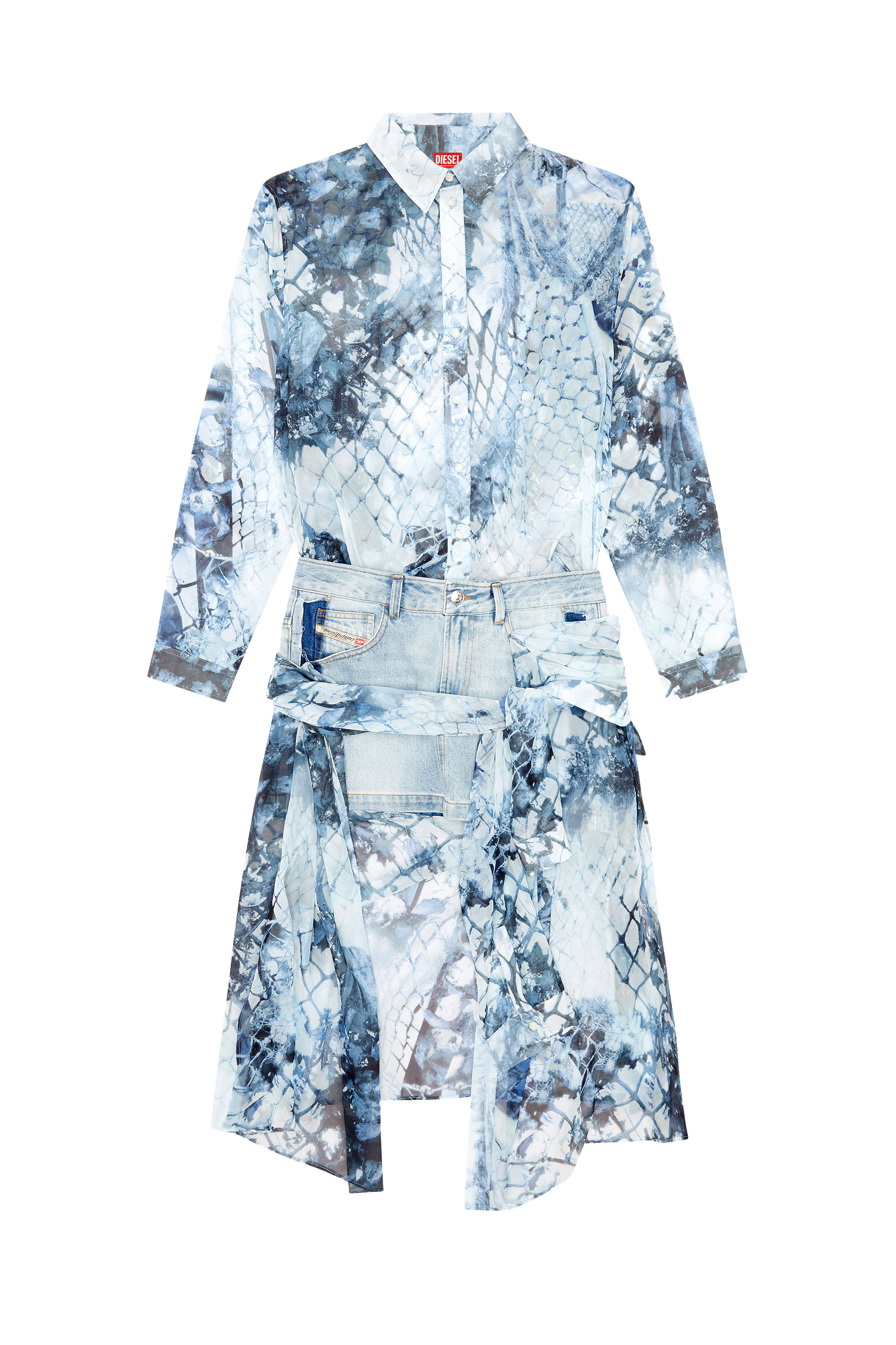 Diesel - D-JEANIEL, Woman Short shirt dress in chiffon and denim in Blue - Image 3