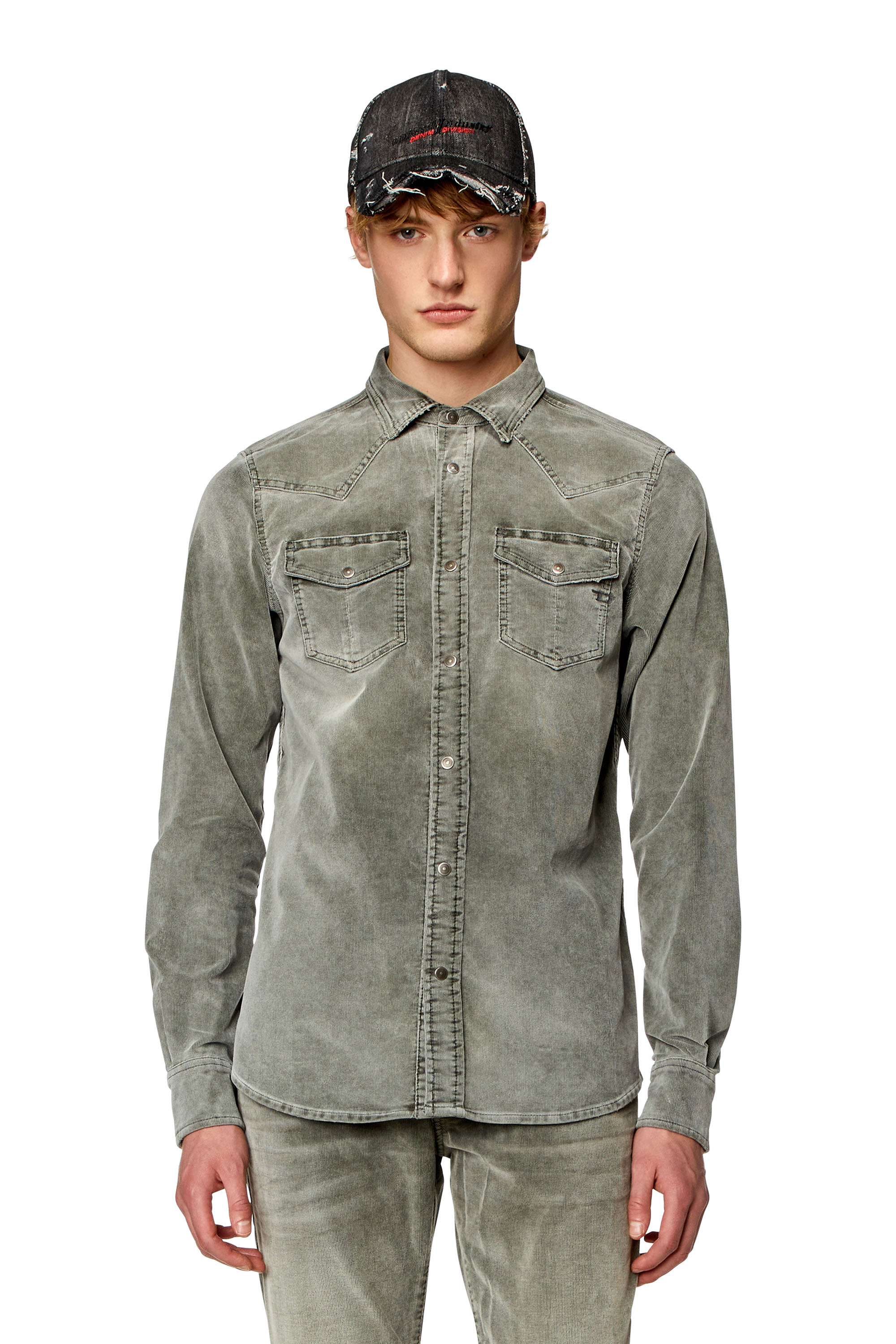 Diesel - D-VEGA, Man Overshirt in velvet denim in Green - Image 1