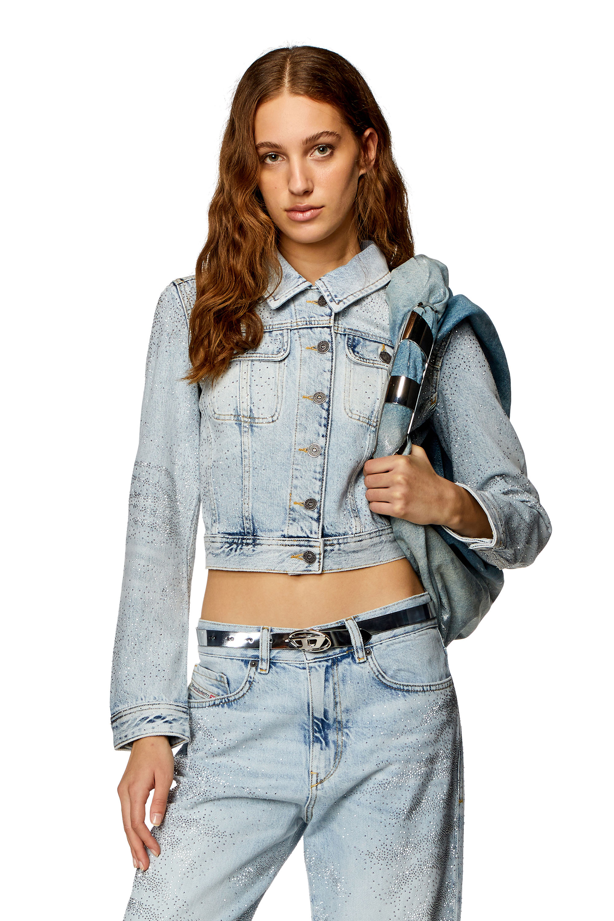 Diesel - DE-SLIMMY-S, Woman Trucker jacket in micro-crystal denim in Blue - Image 1