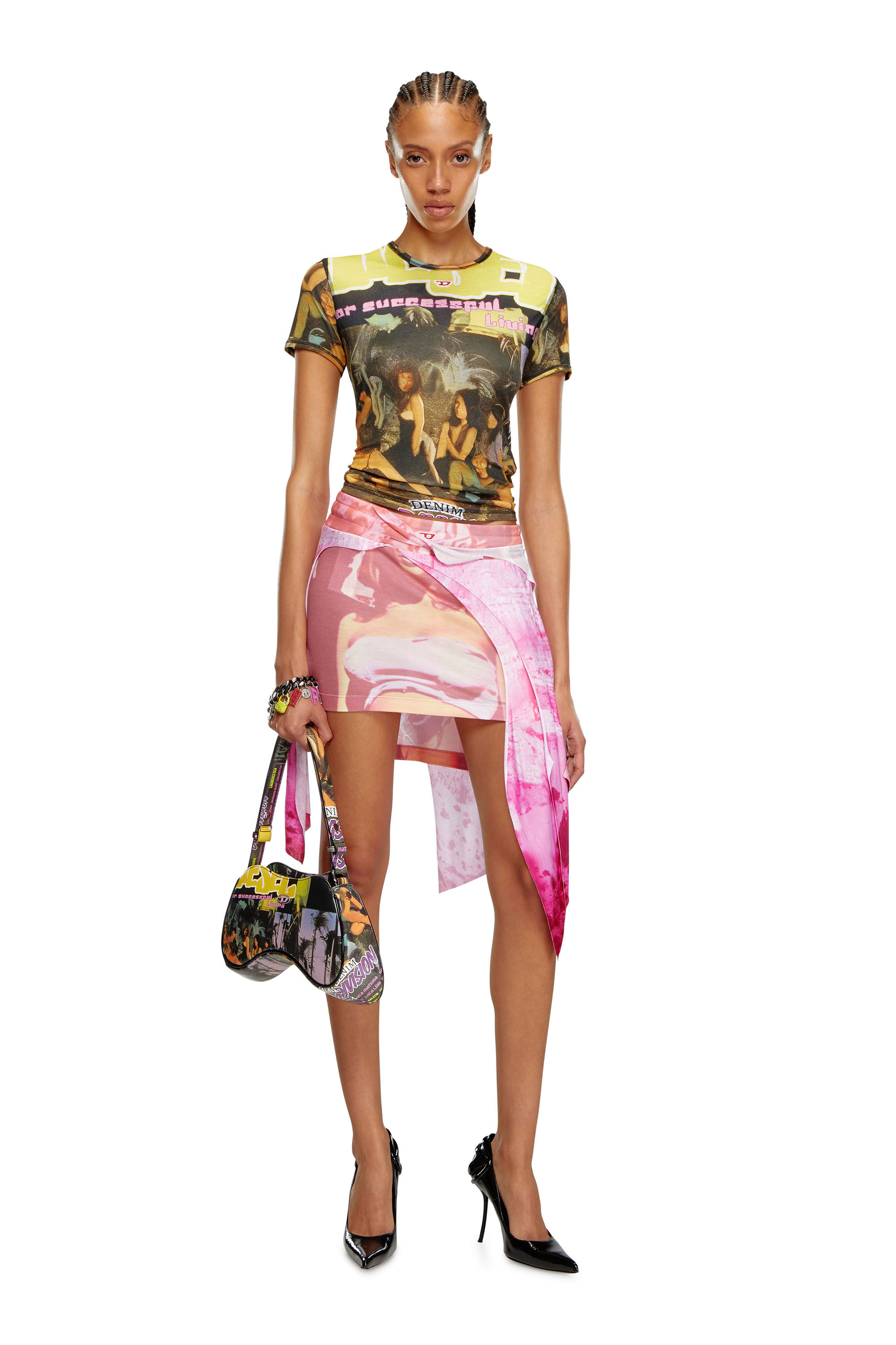 Diesel - O-MALOR-P1, Woman's Asymmetric mini skirt in printed jersey in Pink - 1