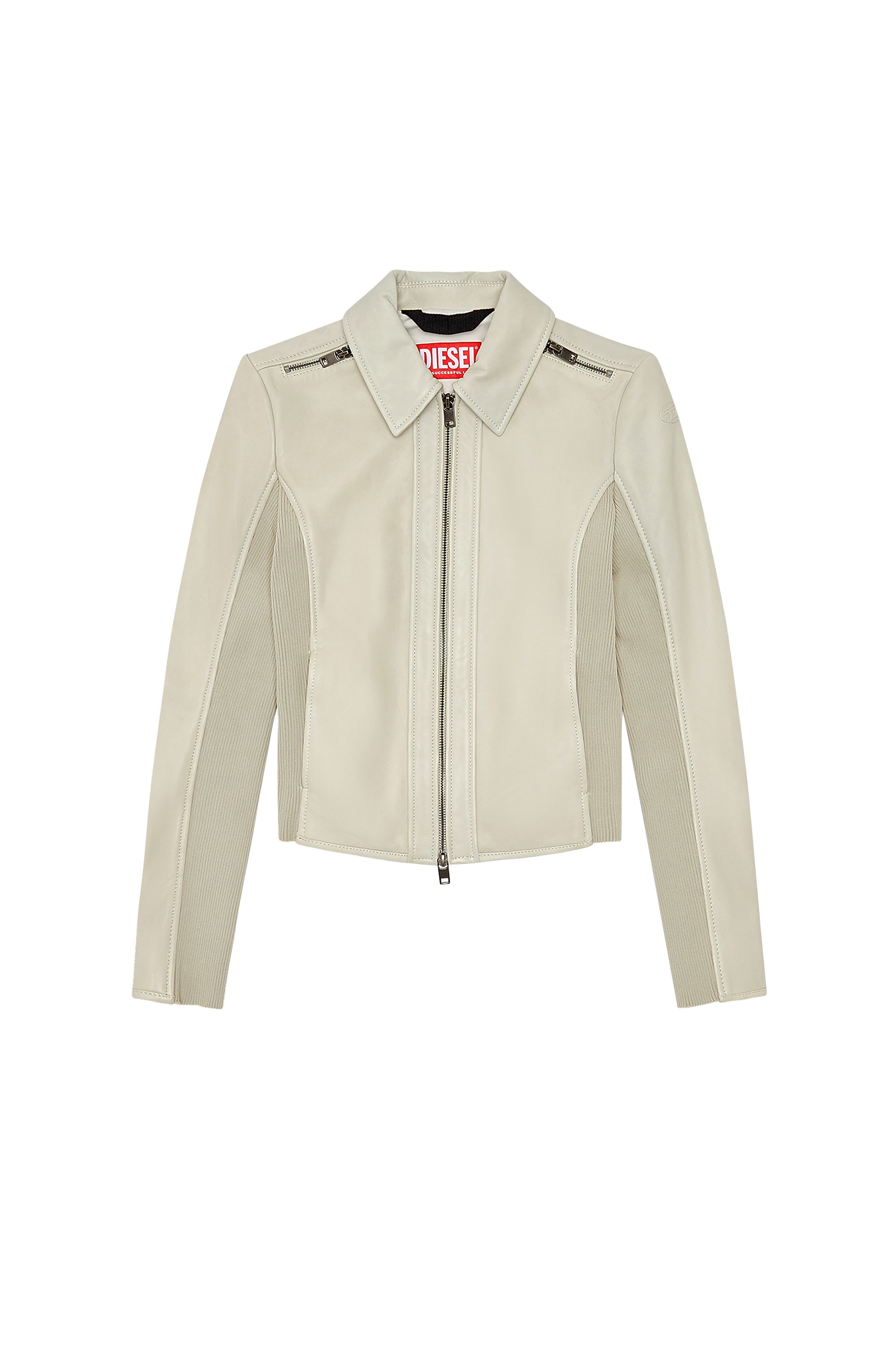 Diesel - L-SASK, Woman Leather biker jacket with rib panels in Beige - Image 3