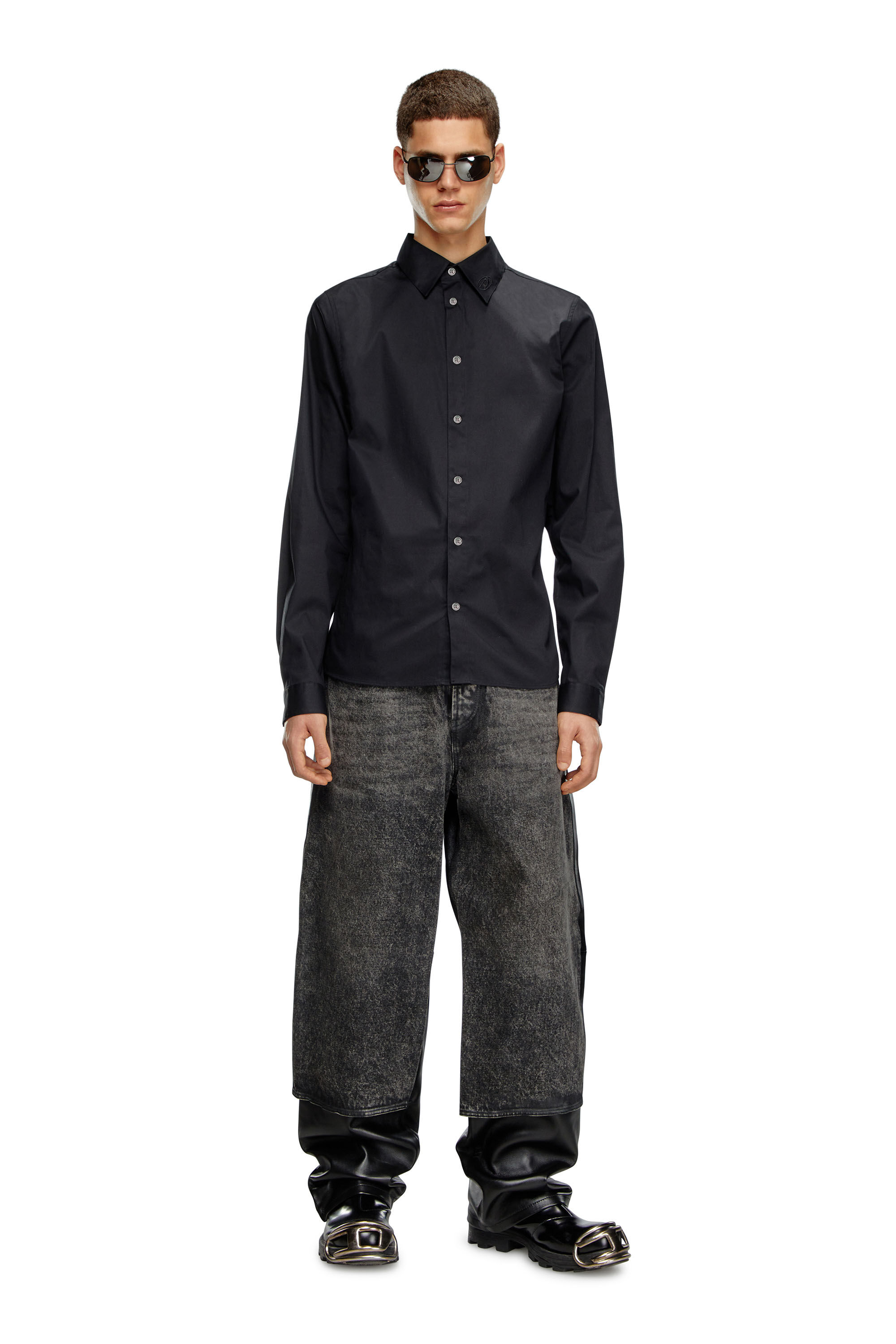 Diesel - S-FITTY-A, Man Formal shirt with logo-embroidered collar in Black - Image 1