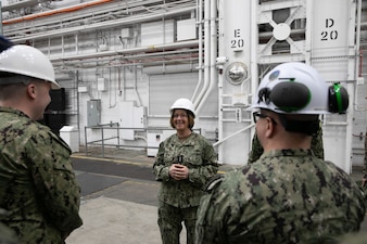 PHILADELPHIA - Chief of Naval Operations Adm. Lisa Franchetti tours Naval Sea Systems Command (NAVSEA) Compatibility Test Facility (CTF), in Philadelphia, Feb. 22. During the tour, Franchetti met with Navy Sailors and civilians working in the ship and submarine production sector at NAVSEA CTF. (U.S. Navy photo by Mass Communication Specialist 1st Class William Spears)