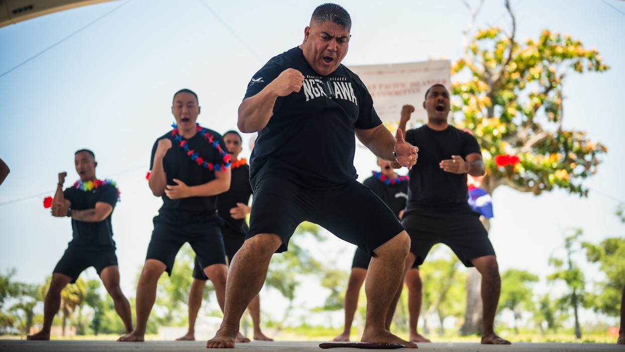 Col. Robert Kongaika, 325th Maintenance Group commander, performs a Haka dance